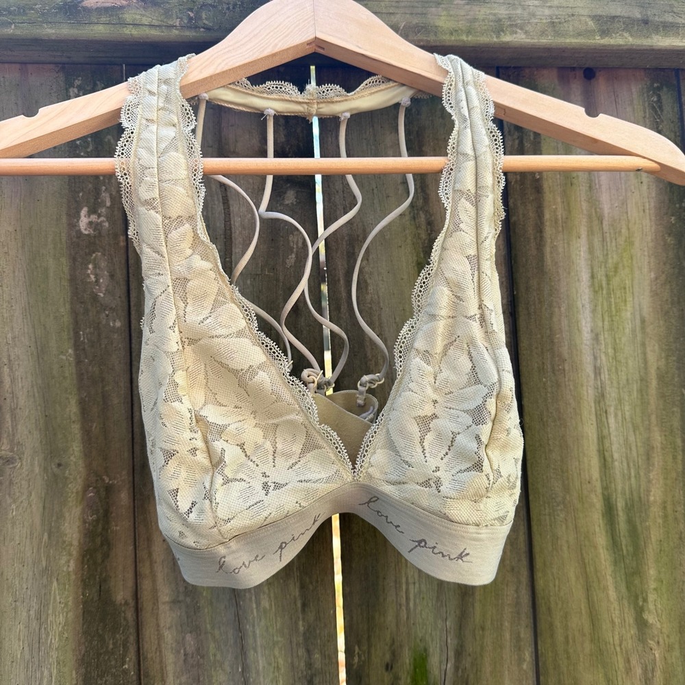 PINK Lace Halter Bralette Wireless Crisscross Back Strappy Lounge Yellow Medium‎